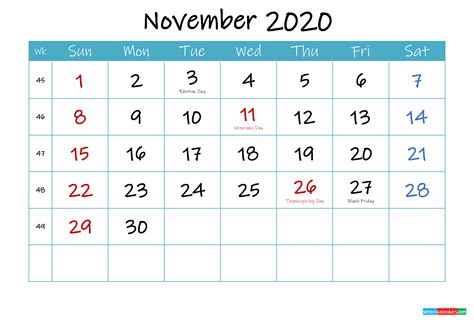 Printable November 2020 Calendar Pdf Template Ink20m71 Free