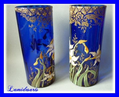 Montjoye Legras Saint Denis Art Nouveau Pair 2 Vases Enameled Blue Glass