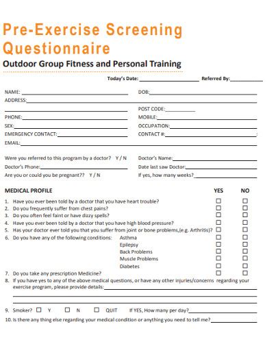 11 Fitness Screening Questionnaire Examples And Templates In Pdf Examples