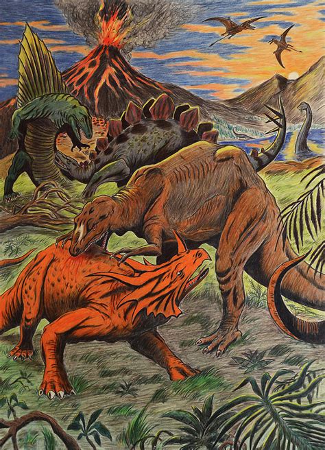 Dinosaurs Fighting Painting By Nicola Fusco