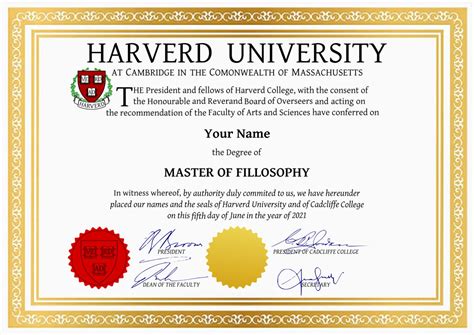 Novelty Harverd University Degree Certificate With Gold Border And