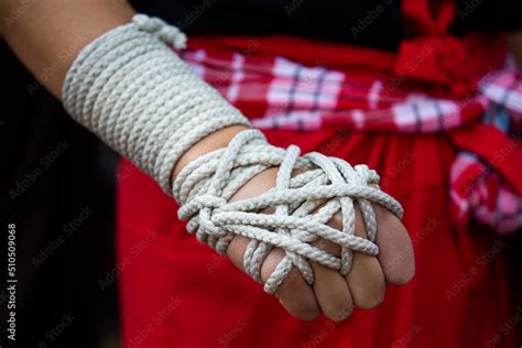 Close Up Hand Wrapping By Rope The Muay Thai Boran Or Muay Thai Kard Chuek Is An Ancient