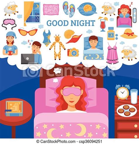 Healthy Night Sleep Tips Flat Poster Healthy Long Night Sleep Habits Symbols With Bedside