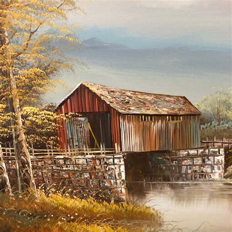 Vintage Signed R Harris Oil Painting Covered Bridge Rural Landscape