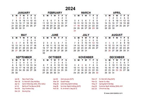 2024 Year At A Glance Calendar With Uk Holidays Free Printable Templates