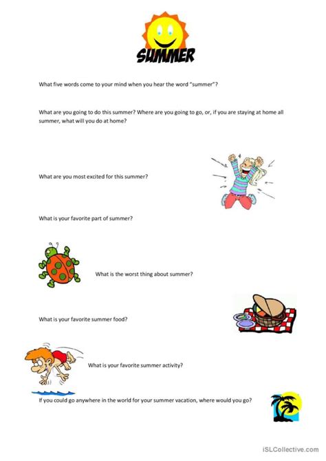 Summer Discussion Starters Speakin English Esl Worksheets Pdf And Doc
