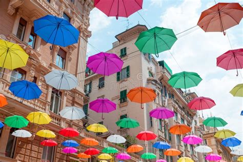 Colorful Umbrellas Background With Blue Sky In The City Street