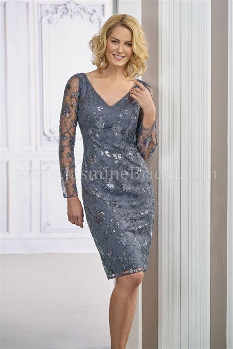 M190011 Knee Length V Neck Sequin Lace Mob Dress With Sleeves