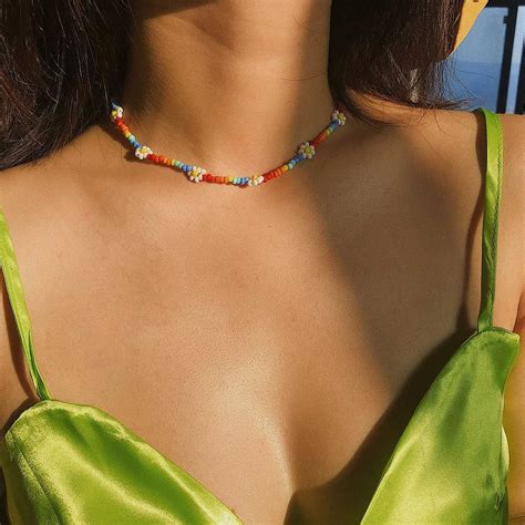 Boho Handmade Colorful Flower Rainbow Beaded Choker Necklaces Sunifty