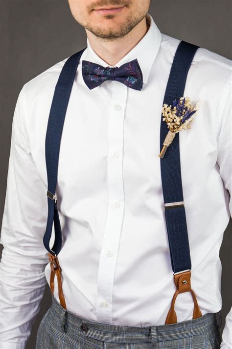 Navy Wedding Bow Tie And Button Suspenders For Groom Mens