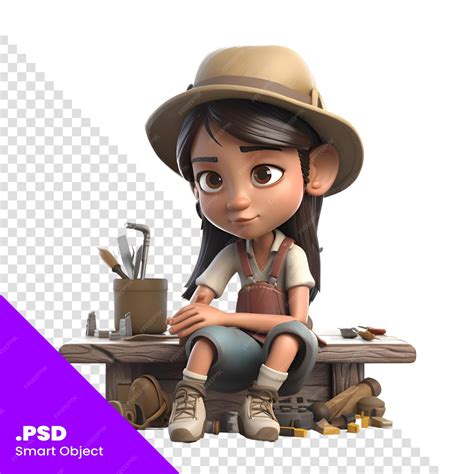 Premium Psd 3d Rendering Of A Cute Cartoon Girl Sitting On A Bench With Tools Psd Template