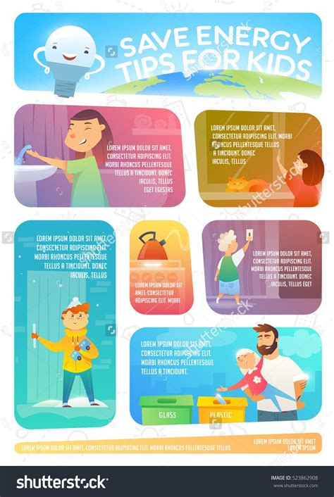 Save Energy Tips For Kids Web Infographic Vector Illustration Save