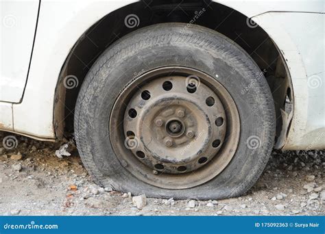 Tire Leak Close Up Wheel Of Old White Vintage Car Car Wheel Flat Tire