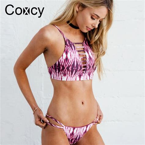 Coxcy Sexy Bandage Hollow Brazilian Bikinis Set High Neck Swimsuit