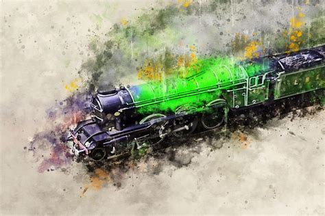 Green Steam Train Canvas Art Print Watercolour Effect Alan Hill Art