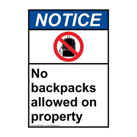 Portrait Ansi No Backpacks Allowed Sign With Symbol Anep 35786