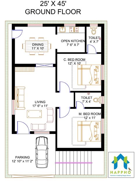 25x45 Vastu House Plan 2 Bhk Plan 018 Happho