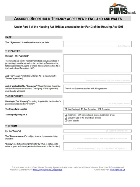 UK PIMS Assured Shorthold Tenancy Agreement: England and Wales - Fill