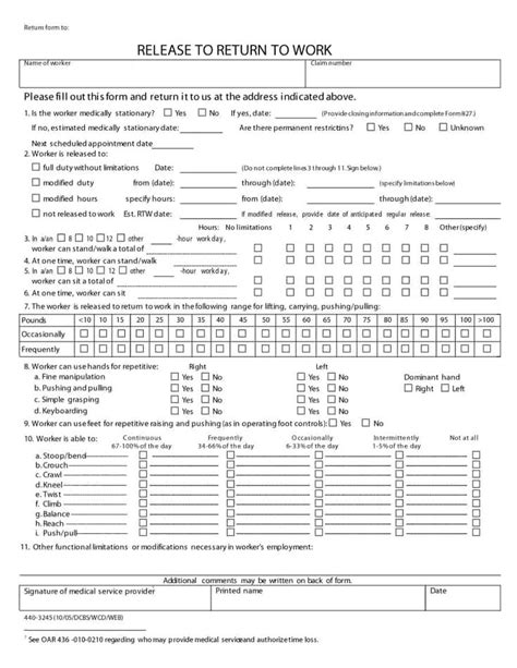 44 Return To Work And Work Release Forms Printable Templates Doctors