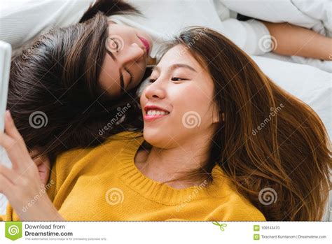 Beautiful Young Asian Women Lgbt Lesbian Happy Couple Hugging And