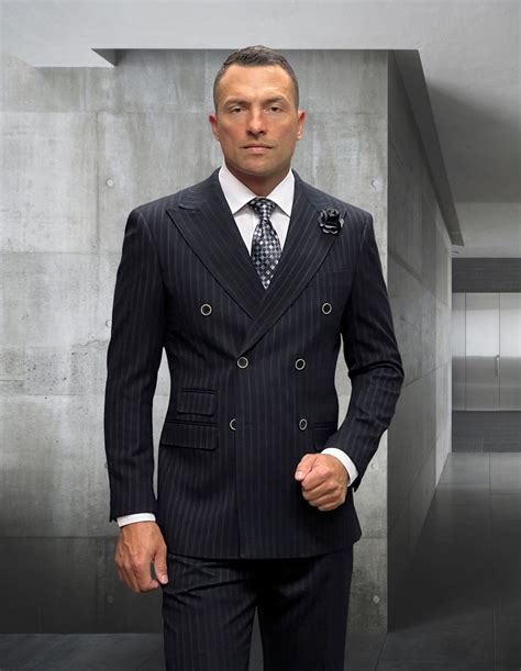 2pc Black Smooth Pinstripe Double Breasted Suit Super 200s Italian