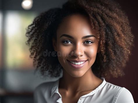 Smiling Attractive Beautiful African American Girl With Clean Healthy Skin Curly Hair In Afro