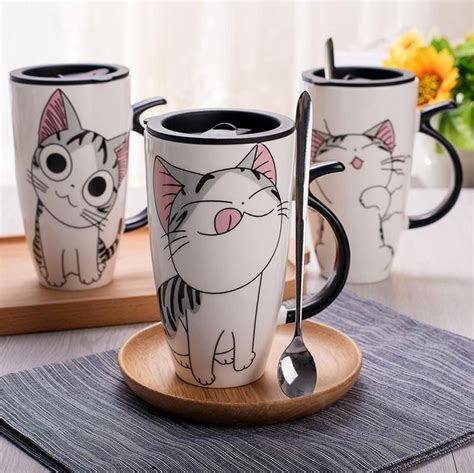 Cute Ceramic Cat Mugs With Lid And Creative Spoon Ceramic Mug With
