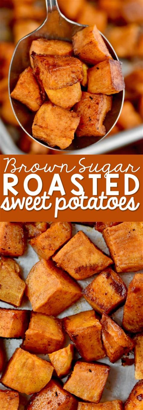 Roasted Sweet Potatoes In A Serving Dish With Text Overlay That Reads