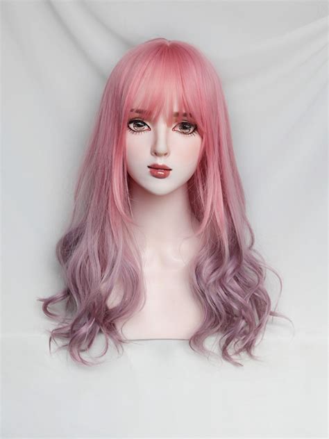 Evahair 2021 New Styke Pink Ombre Long Wavy Synthetic Wig With Bangs