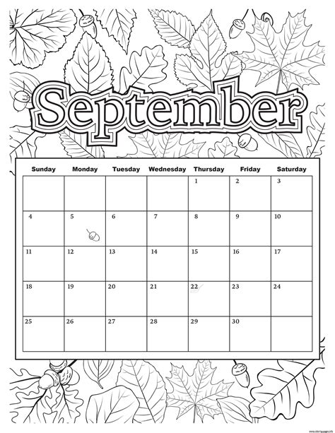 September Coloring Calendar Coloring Page Printable