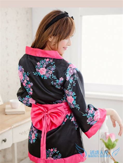 Japanese Kimono Lingerie Sleep Costumes Hot Sexy Flora Printed Silk Satin Red Trim Front Clothes