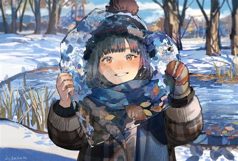 Wallpaper Anime Girls Winter Snow Trees Leaves Ice Dark Hair