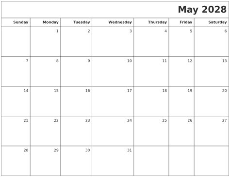 May 2028 Printable Blank Calendar