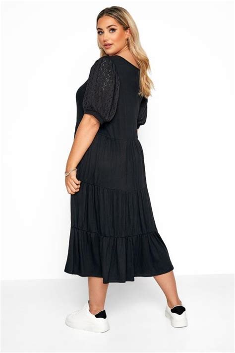 Black Broderie Anglaise Sleeve Tiered Smock Midi Dress Yours Clothing