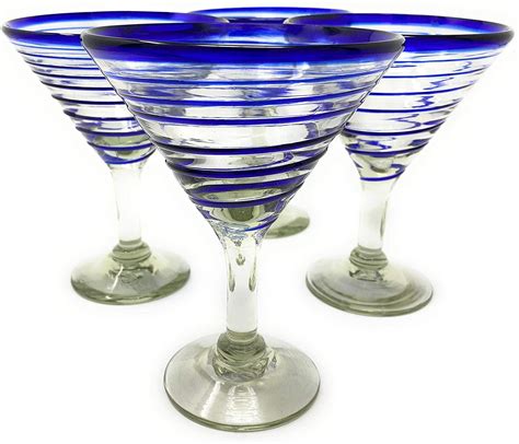 Dos Sueños Mexican Hand Blown Glass 4 Hand Blown Modern Margarita Glasses Blue Spiral 12 Oz