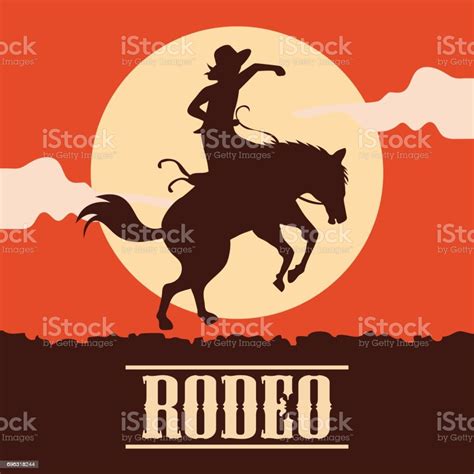 Rodeo Poster With Cowgirl Silhouette Riding On Wild Horse And Bull