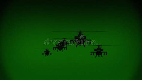 Apache Ah 64 Helicopter Flies At Night Night Vision Infrared Stock