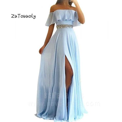 Unique Light Blue Prom Dress With Slits Off The Shoulder Beaded Elegant