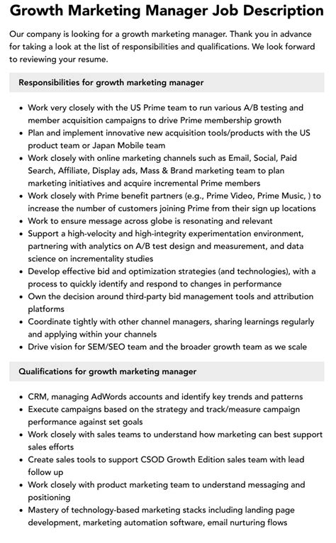Growth Marketing Manager Job Description Velvet Jobs