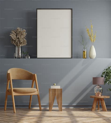 Poster Mockup With Vertical Frames On Empty Dark Wall In Living Room