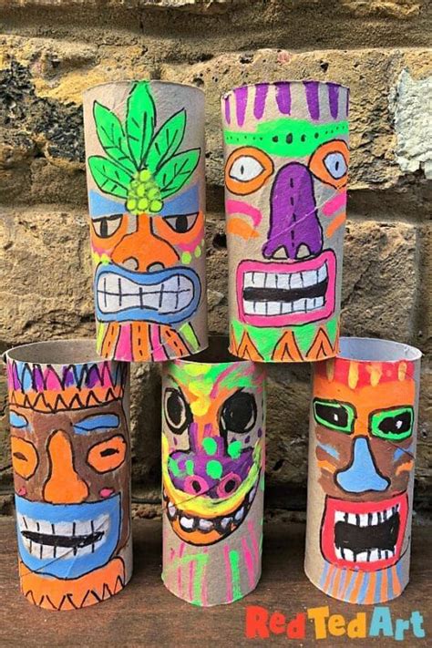 Toilet Paper Roll Tiki Mask Craft Hawaiian Crafts Masks Crafts Hawaii Themed Party