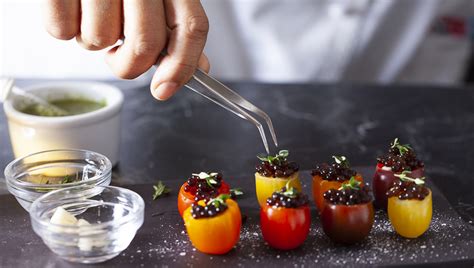 Cherry Tomatoes With Goat Cheese Fake Balsamic Caviar And Molecular