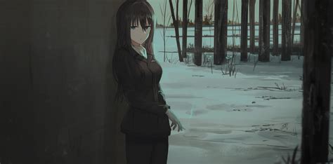 Anime Girls Anime Dark Smoking Winter Snow Cigarettes Dark Hair