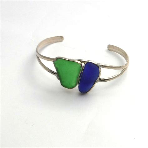 Cobalt Blue And Jade Green Sea Glass Cuff Bracelet Sea Glass Bracelets