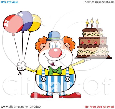 Clipart Of A Happy Clown With Colorful Balloons And A Birthday Cake