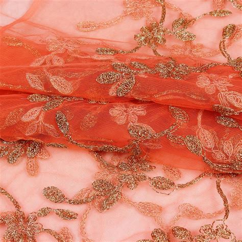 Buy Peach Golden Floral Jaal Embroidery Net Fabric for Best Price, Reviews, Free Shipping