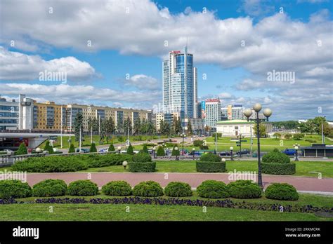 Pobeditelei Avenue With Minsk Financial District Modern Buildings