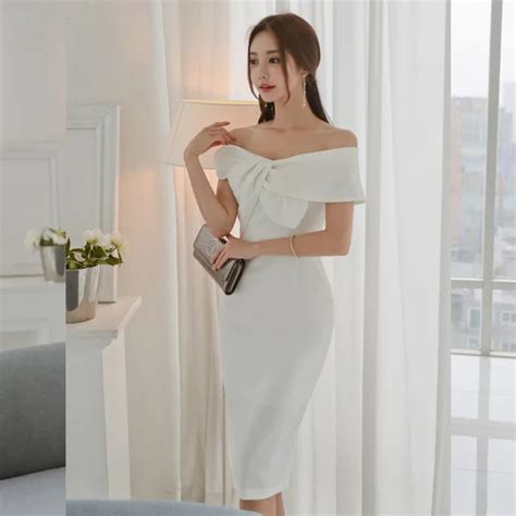 Foamlina Elegant Women White Off Shoulder Bodycon Dress Korean Style Sexy Slash Neck Twist Slim