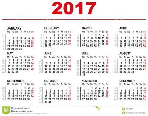 Plantilla De 2017 Calendarios Semanas Horizontales Primer Día Lunes