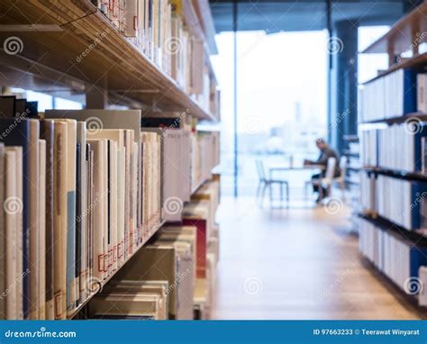 Library Book Shelf With People Reading Interior Education Stock Image